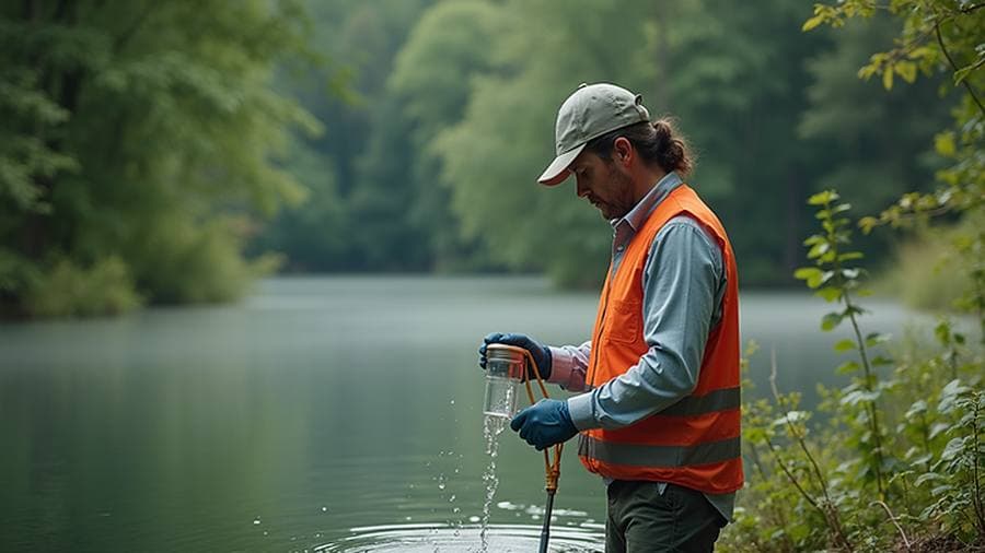 An environmental technician collecting a surface water sample at a lakeside